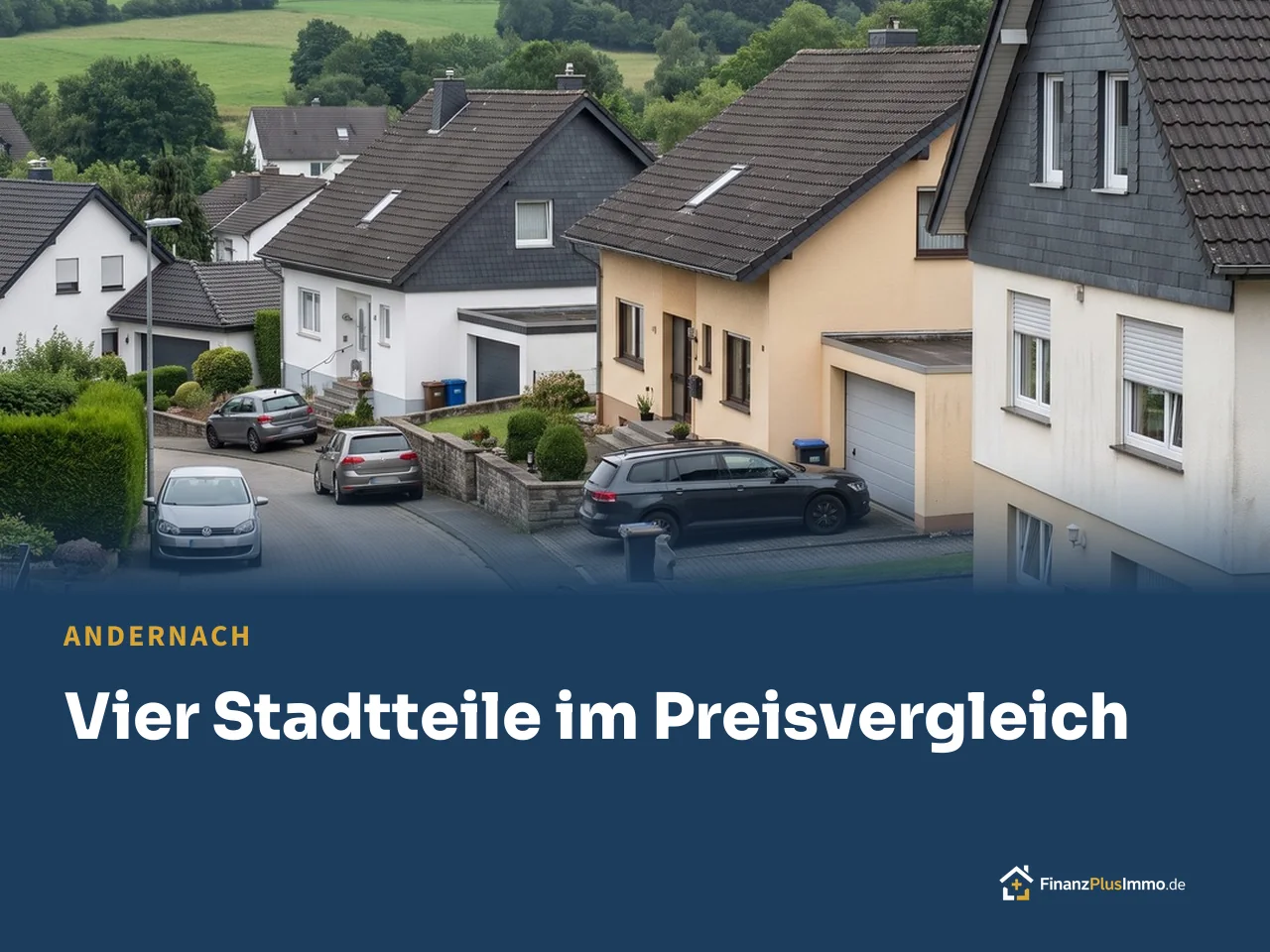 Wohnstraße am Hang mit Einfamilienhäusern, Hügel im Hintergrund, darunter die Überschrift „Vier Stadtteile im Preisvergleich“