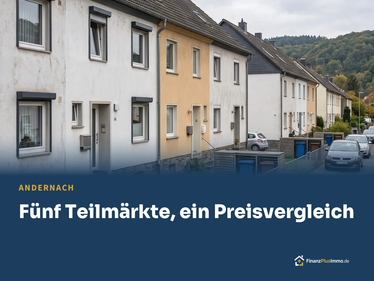 Reihenhauszeile mit Mülltonnenboxen und Doppelstabzaun, darunter die Überschrift „Fünf Teilmärkte, ein Preisvergleich“