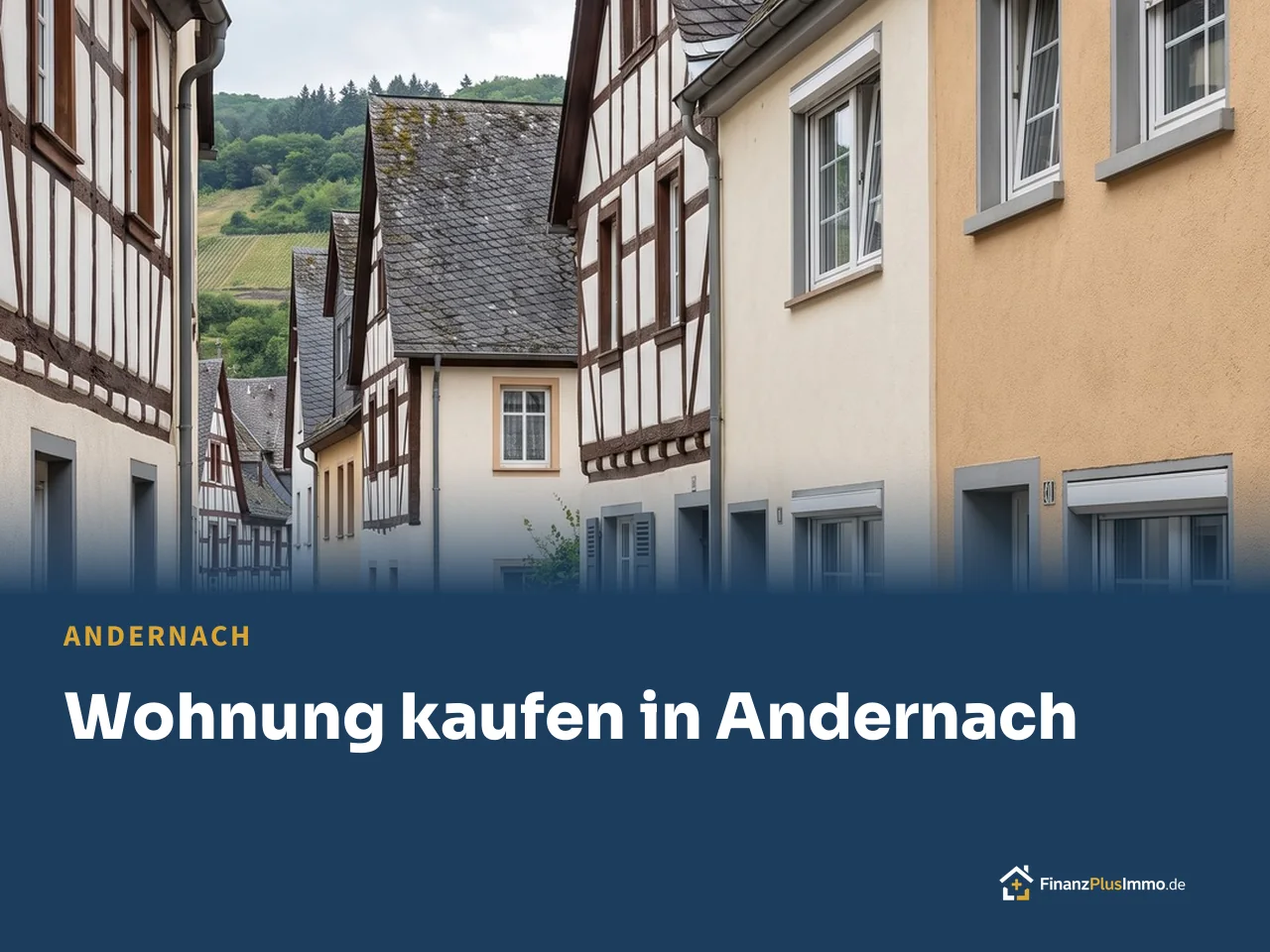 Gasse mit Fachwerk und Schieferdächern, Kopfsteinpflaster, darunter die Überschrift „Wohnung kaufen in Andernach“