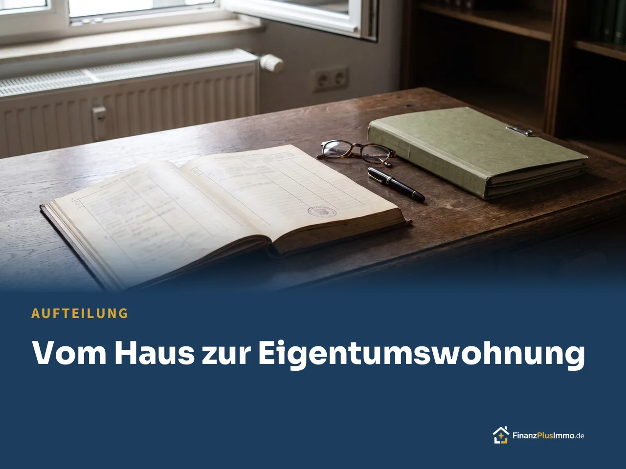 Amtliches Dokument mit Stempel, Füller und Brille auf einem Holztisch, darunter die Überschrift „Vom Haus zur Eigentumswohnung“