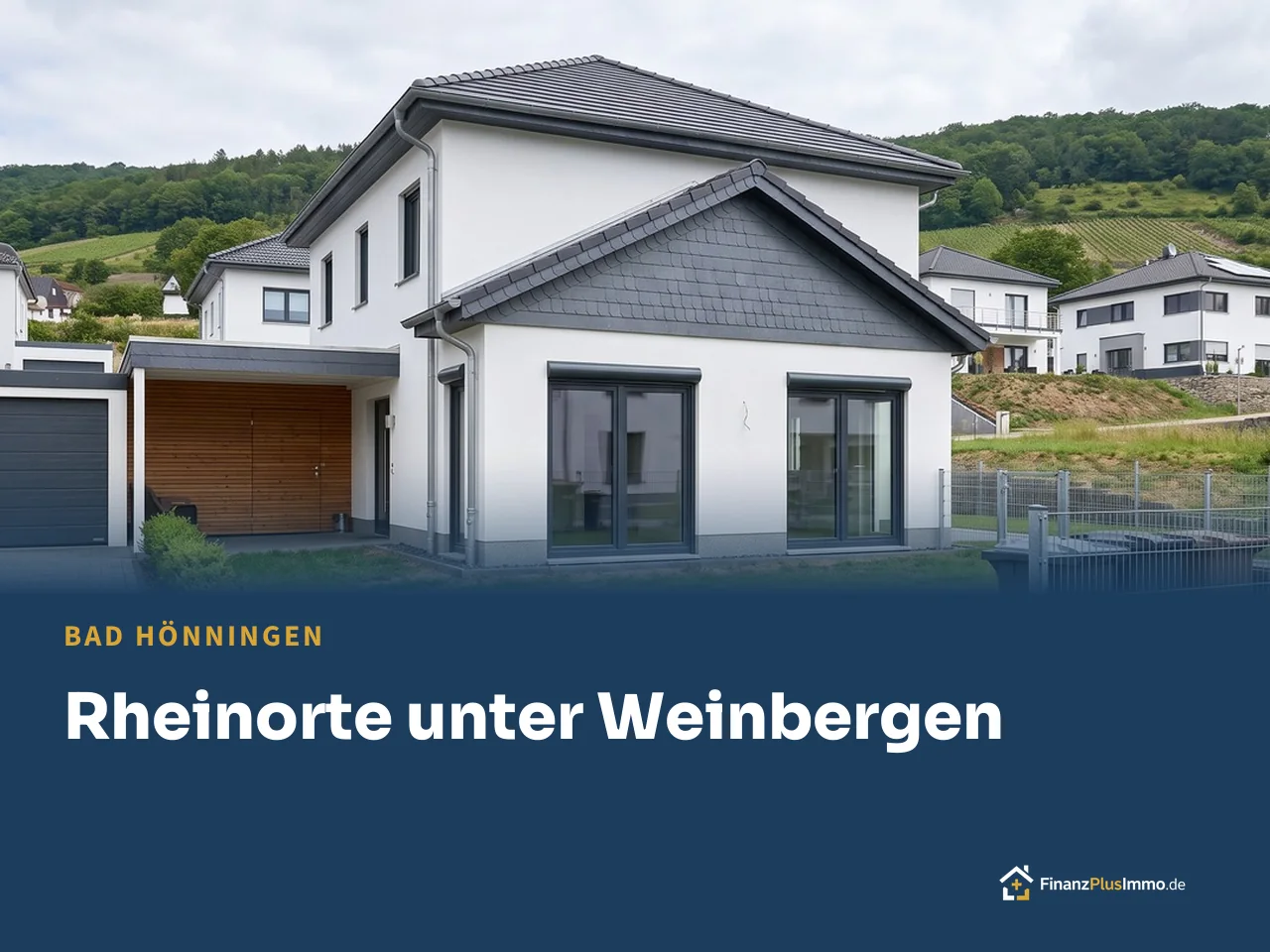 Neubau-Stadtvilla mit Schiefergiebel vor Weinbergen, darunter die Überschrift „Rheinorte unter Weinbergen“