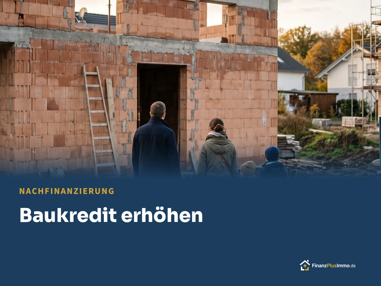 Familie steht vor ihrem Rohbau, darunter die Überschrift „Baukredit erhöhen“
