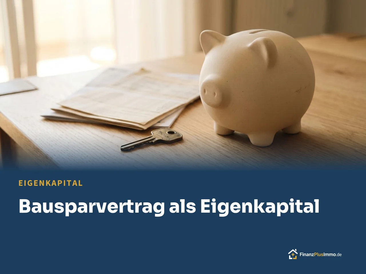 Sparschwein, Schlüssel und Unterlagen auf einem Holztisch, darunter die Überschrift „Bausparvertrag als Eigenkapital“