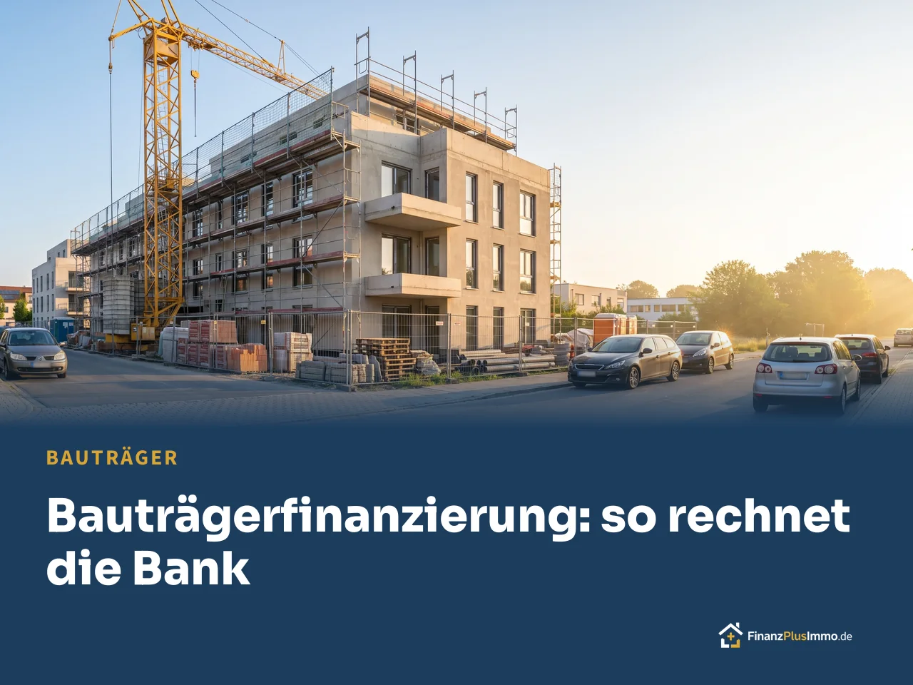 Neubau-Mehrfamilienhaus im Rohbau mit Kran und Gerüst, Morgenlicht, darunter die Überschrift „Bauträgerfinanzierung: so rechnet die Bank“