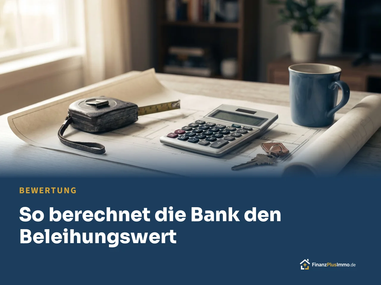 Taschenrechner auf Plan mit Schlüssel, darunter die Überschrift „So berechnet die Bank den Beleihungswert“