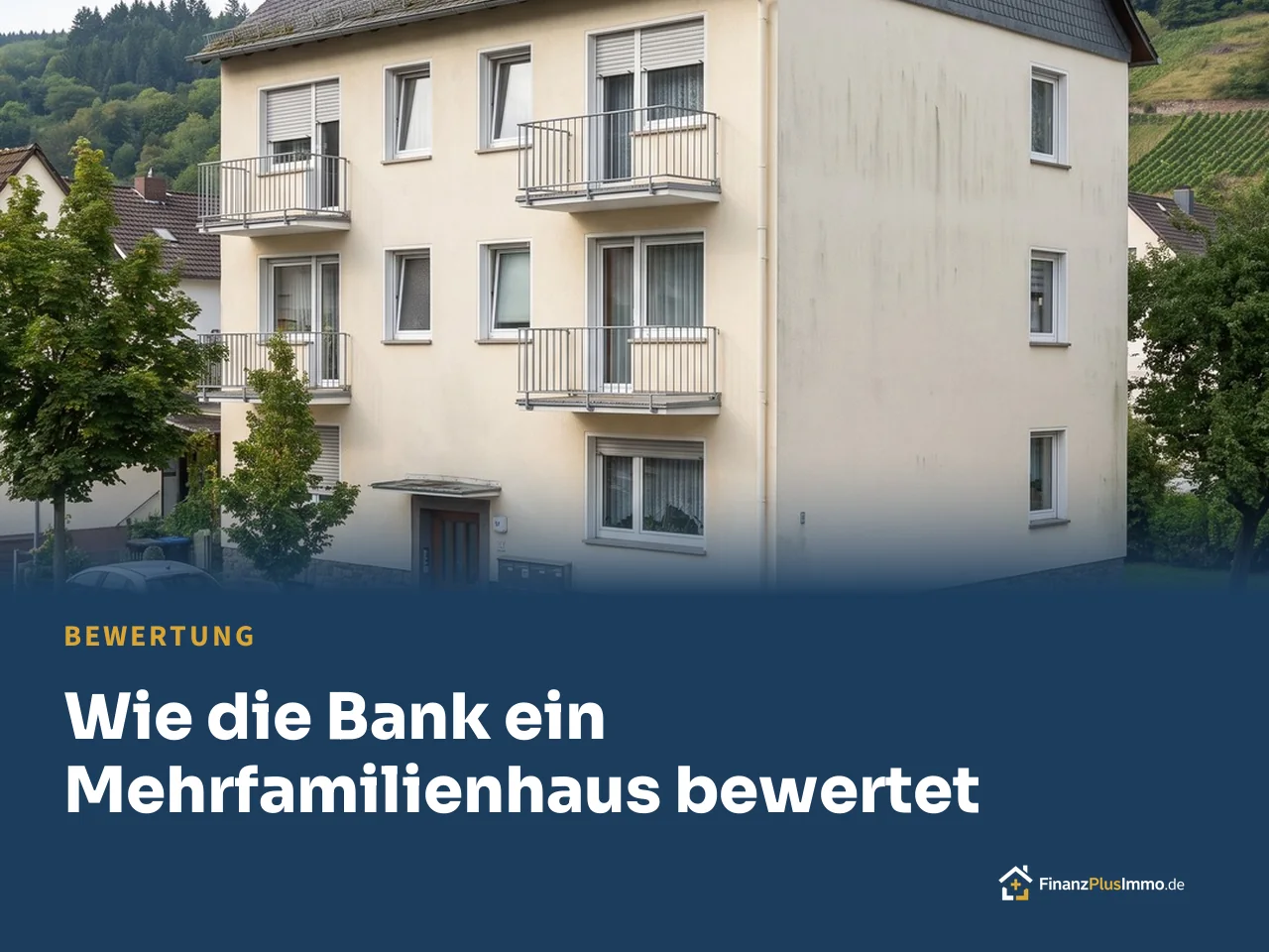 Mehrfamilienhaus mit Balkonen, Klingelanlage, Fahrrädern, darunter die Überschrift „Wie die Bank ein Mehrfamilienhaus bewertet“