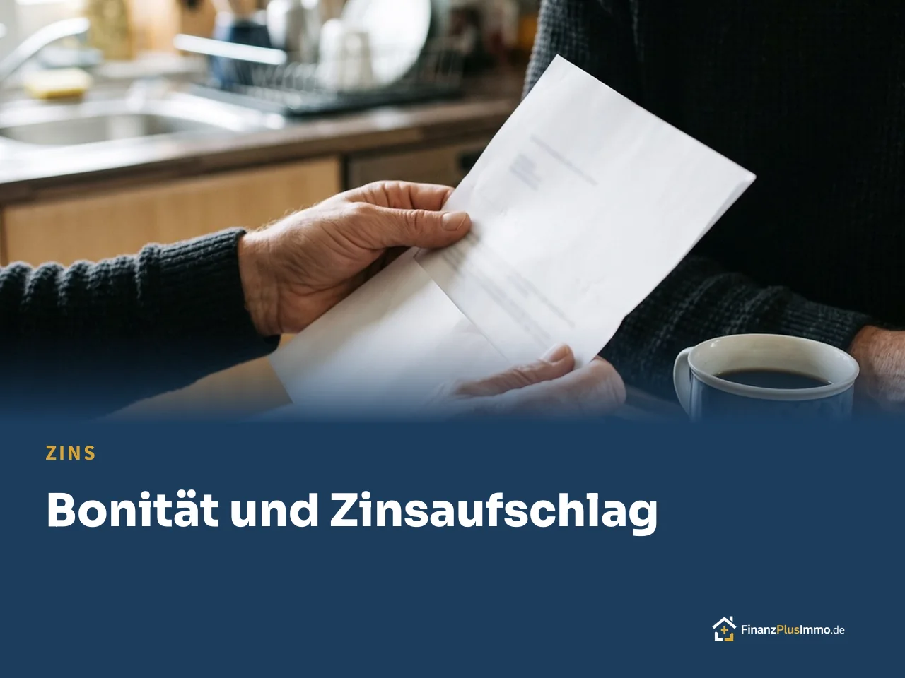 Hände halten einen Brief der Bank am Küchentisch, darunter die Überschrift „Bonität und Zinsaufschlag“