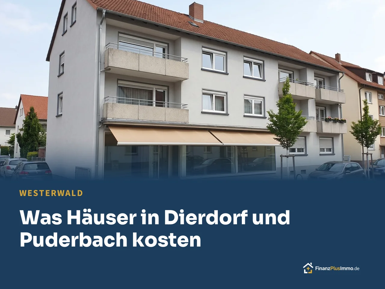 Wohn- und Geschäftshaus mit Ladenlokal und Markise im Erdgeschoss, darunter die Überschrift „Was Häuser in Dierdorf und Puderbach kosten“