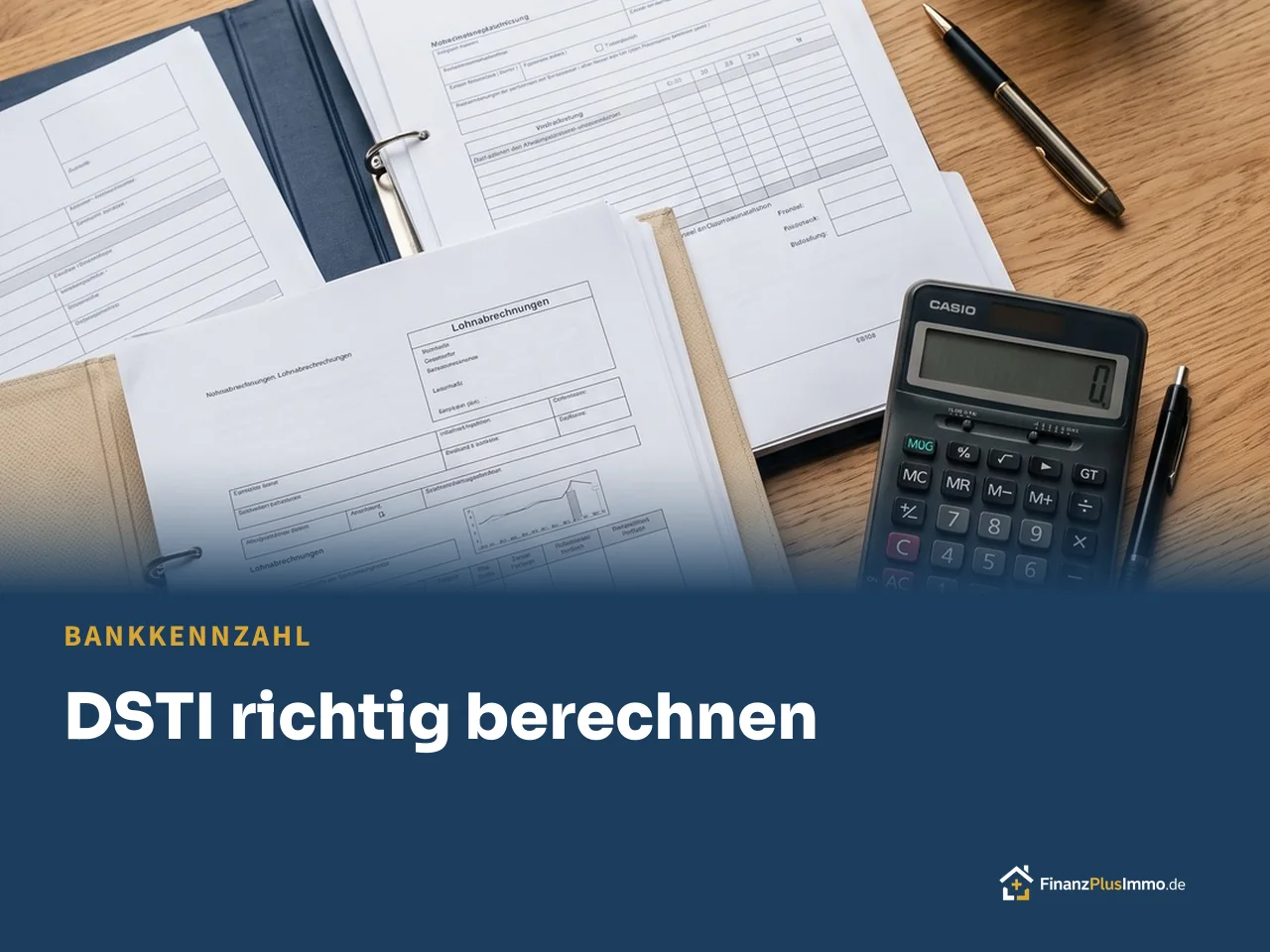 Formulare, Ordner, Taschenrechner und Kaffee auf einem Schreibtisch, darunter die Überschrift „DSTI richtig berechnen“