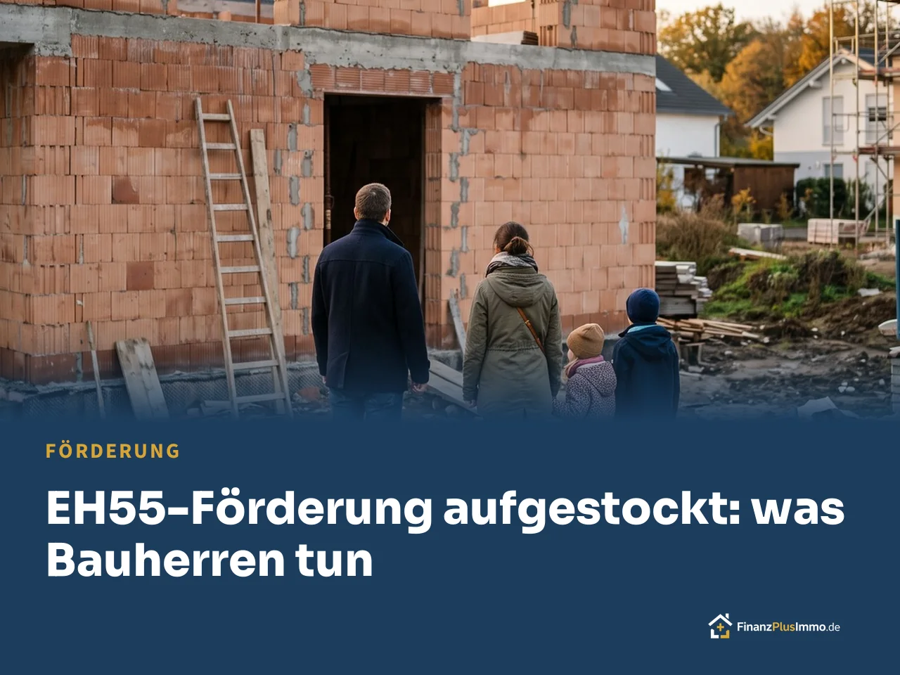 Familie steht vor ihrem Rohbau, darunter die Überschrift „EH55-Förderung aufgestockt: was Bauherren tun“