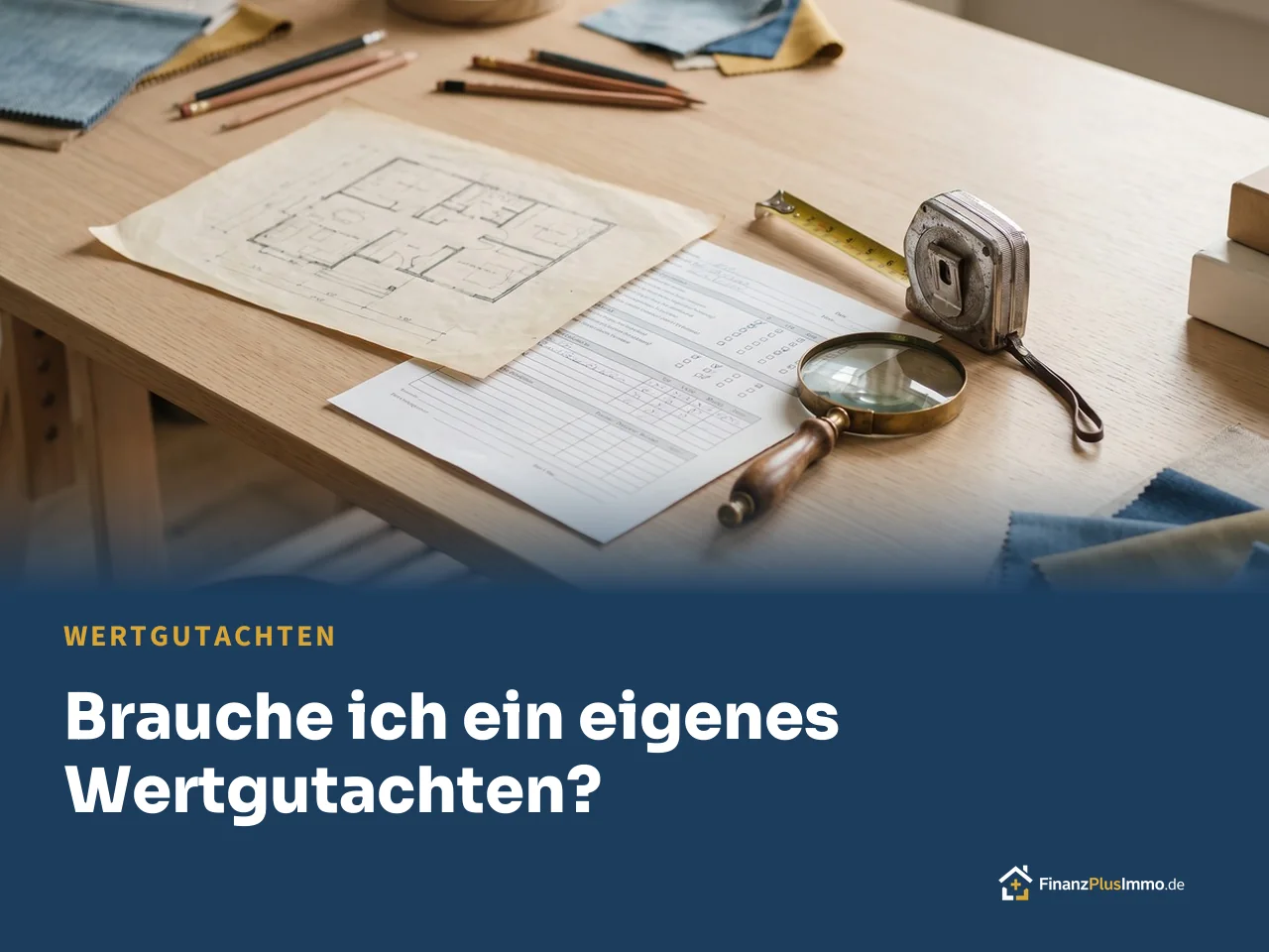 Grundriss, Lupe, Zollstock, darunter die Überschrift „Brauche ich ein eigenes Wertgutachten?“