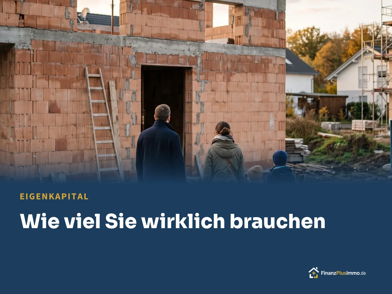 Familie steht vor ihrem Rohbau, darunter die Überschrift „Wie viel Sie wirklich brauchen“