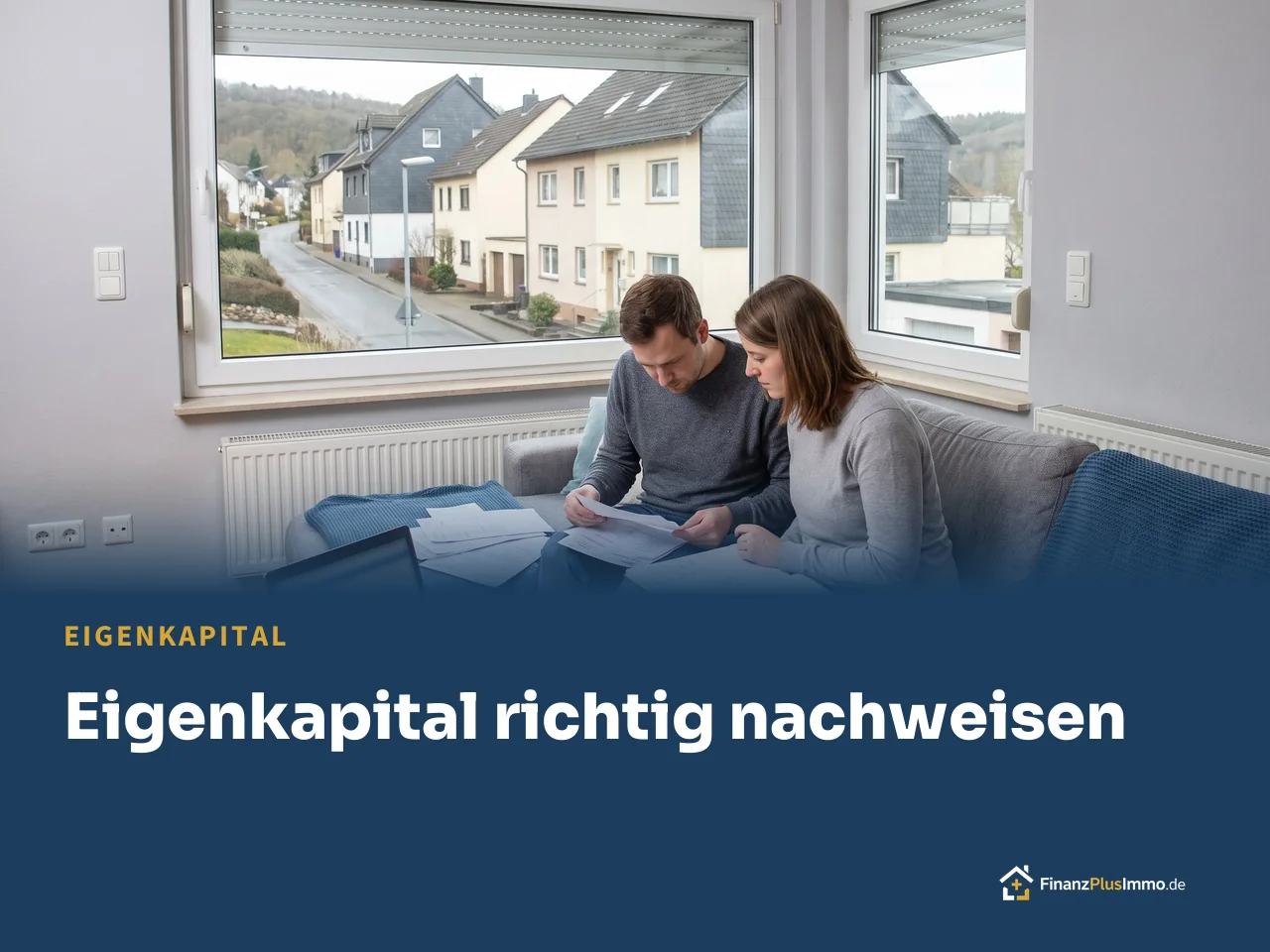 Junges Paar sortiert Sparunterlagen auf dem Sofa, darunter die Überschrift „Eigenkapital richtig nachweisen“