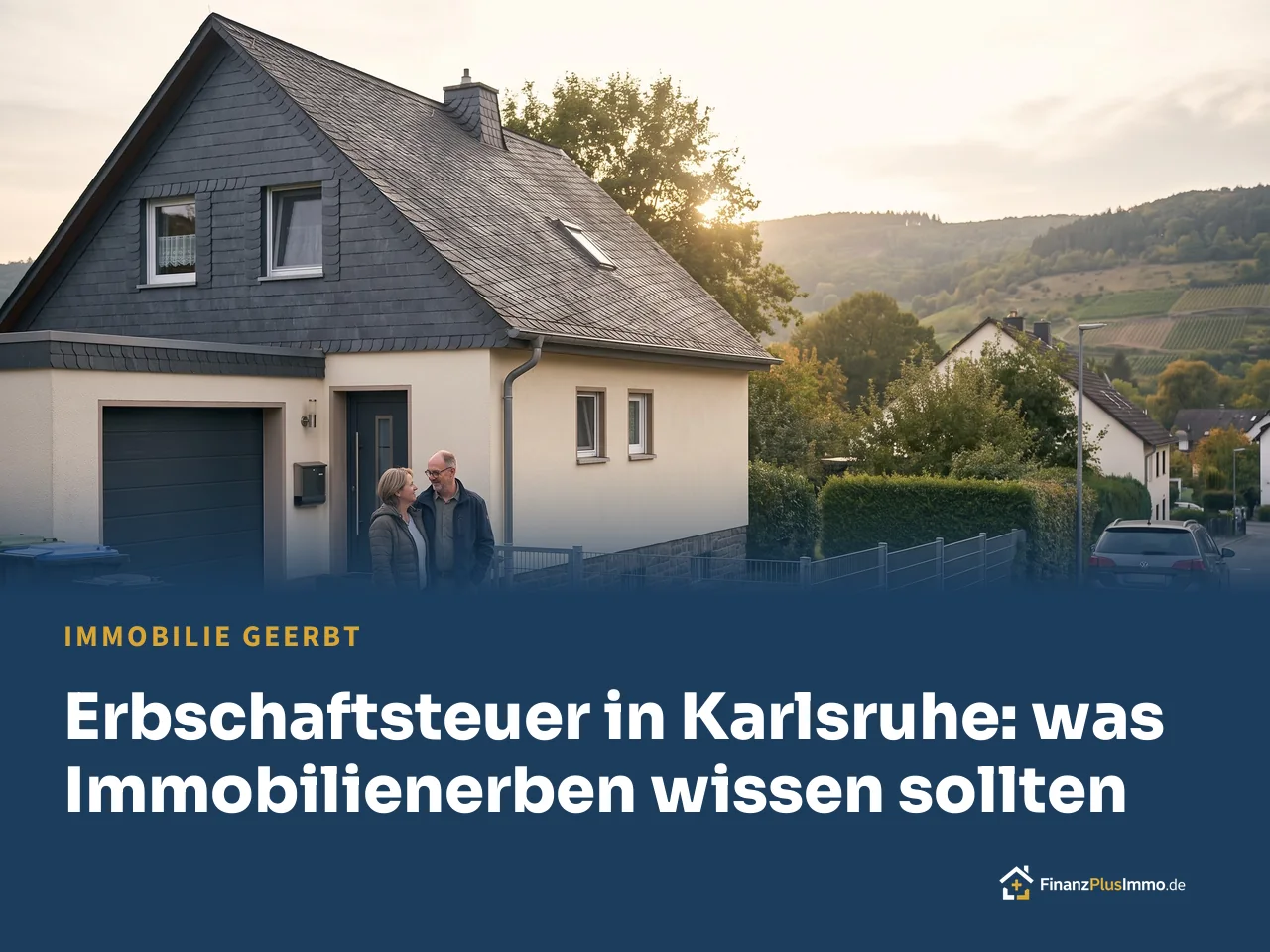 Paar vor einem Einfamilienhaus mit Schieferdach in einer Weinbaugemeinde, darunter die Überschrift „Erbschaftsteuer in Karlsruhe: was Immobilienerben wissen sollten“