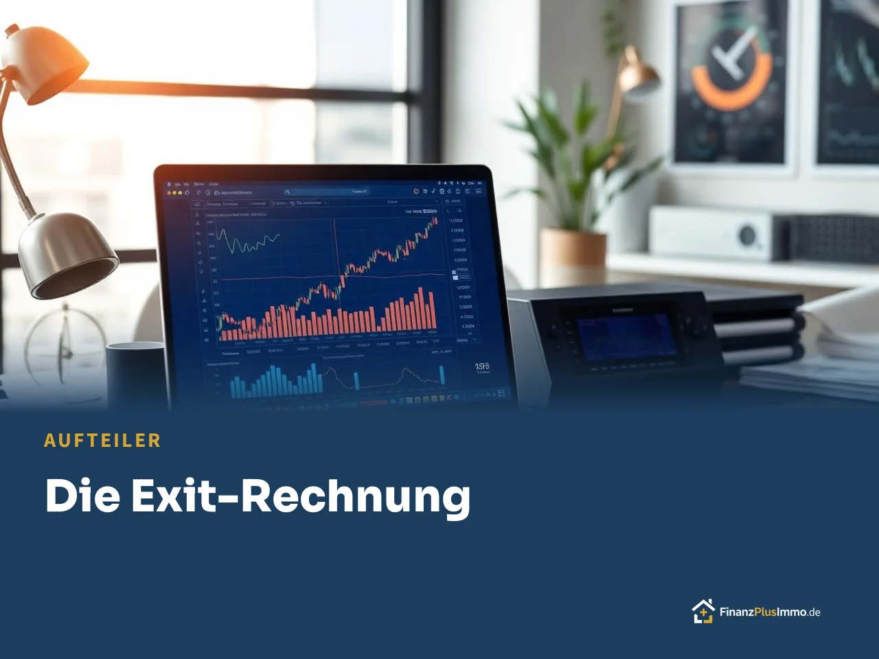Laptop mit Kursdiagramm, darunter die Überschrift „Die Exit-Rechnung“