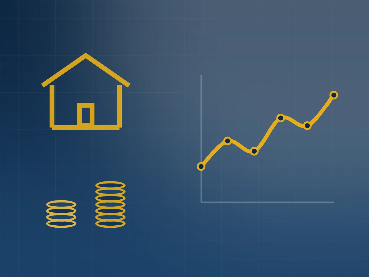 Illustration zweier Verlaufslinien, die nebeneinander ansteigen, dazu ein Bankgebäude und ein Haus als goldene Linienzeichnung auf dunklem Grund