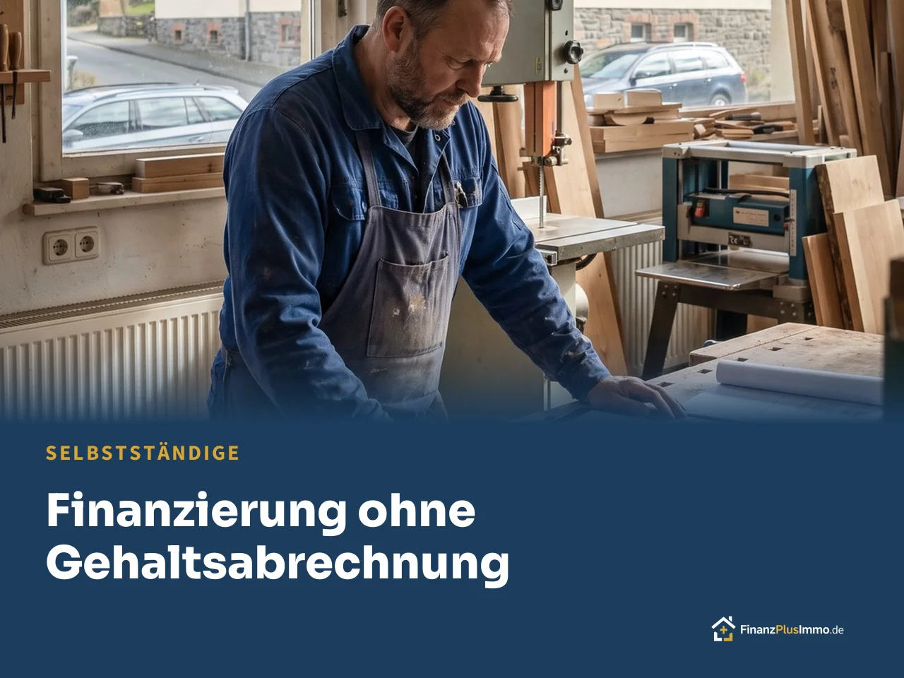 Tischlermeister an der Werkbank mit Plänen und Tablet, darunter die Überschrift „Finanzierung ohne Gehaltsabrechnung“