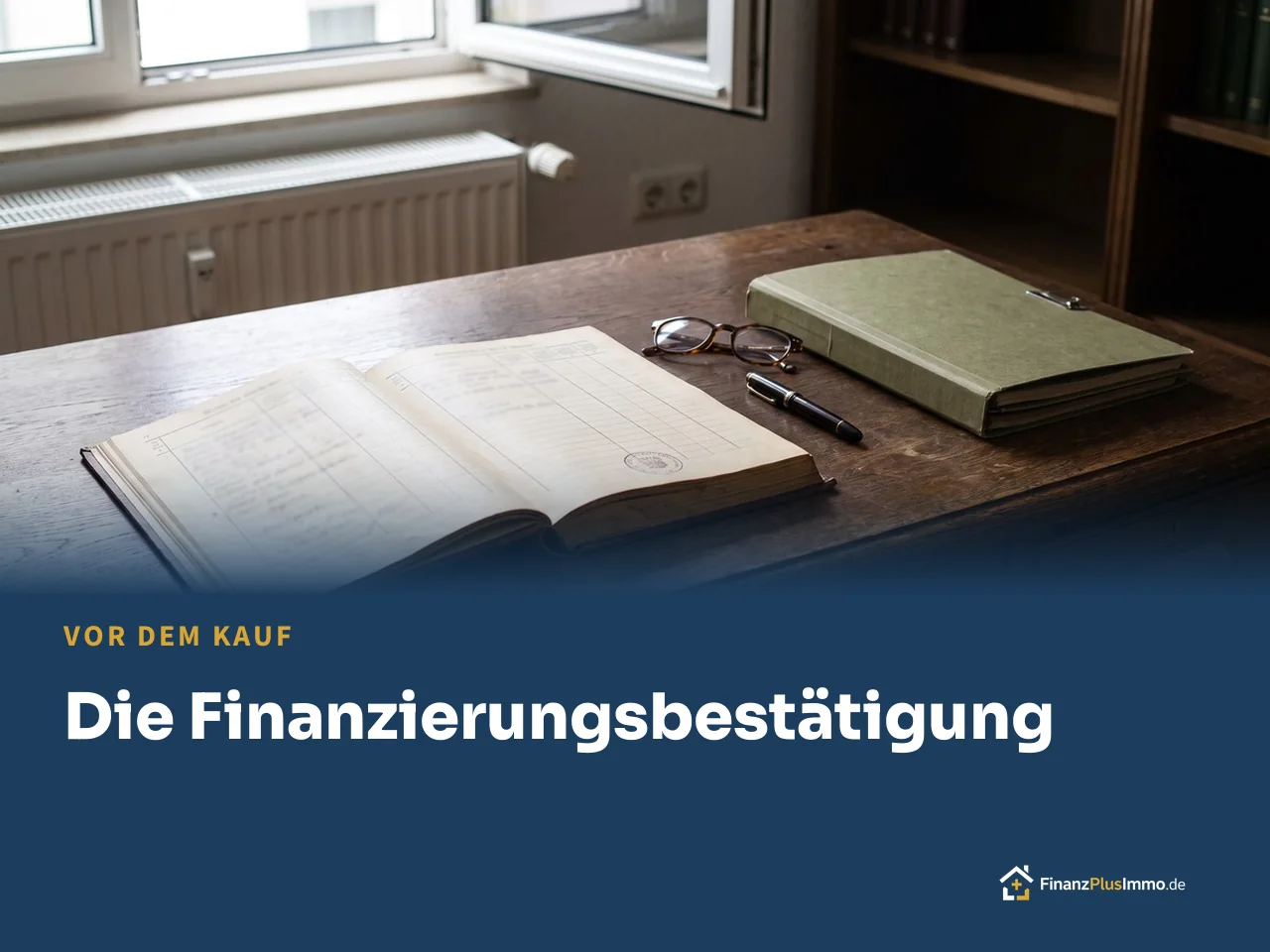 Amtliches Dokument mit Stempel, Füller und Brille auf einem Holztisch, darunter die Überschrift „Die Finanzierungsbestätigung“