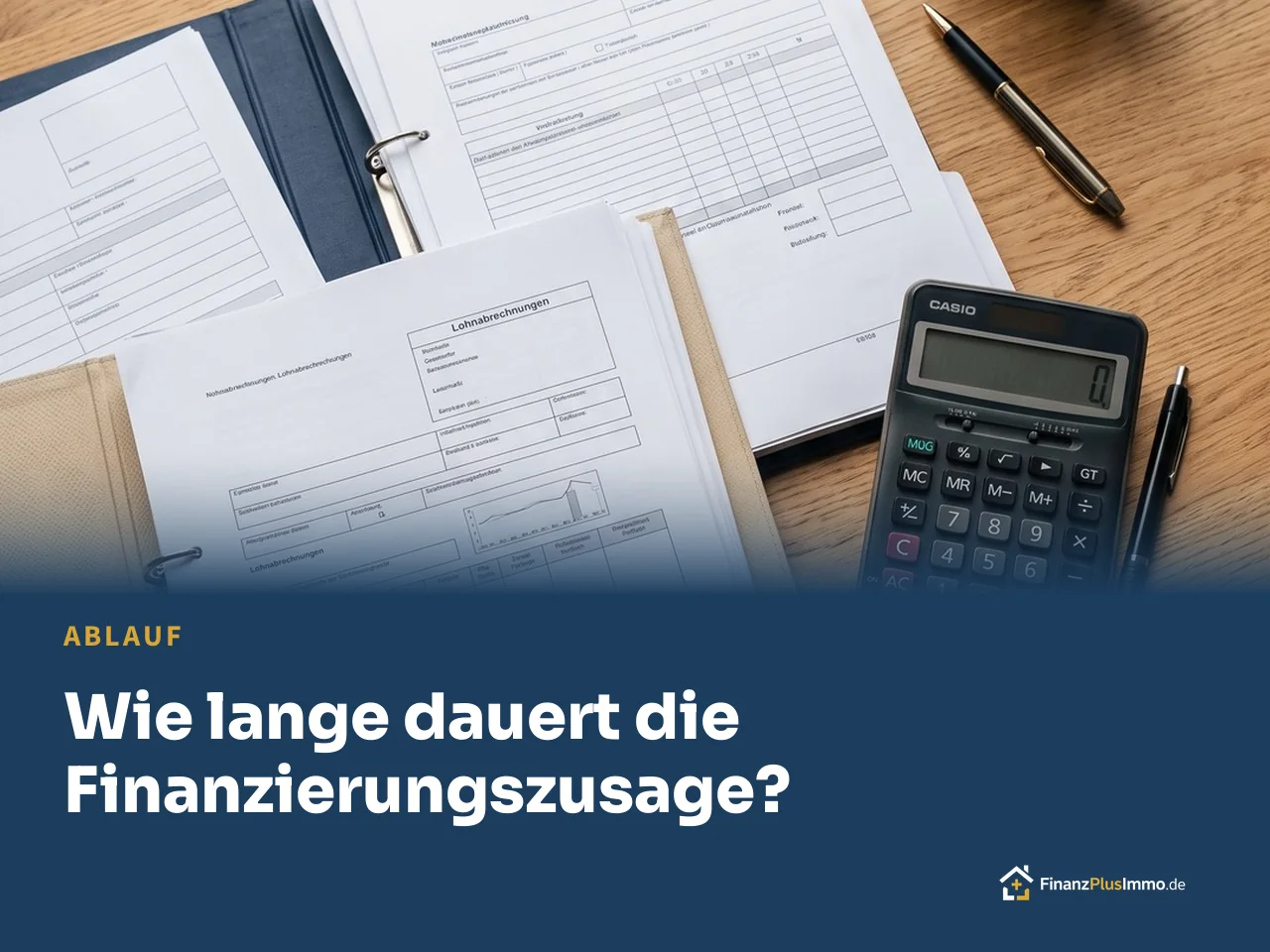 Formulare, Ordner, Taschenrechner und Kaffee auf einem Schreibtisch, darunter die Überschrift „Wie lange dauert die Finanzierungszusage?“