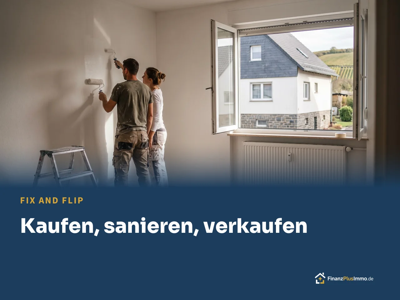 Paar streicht in Eigenleistung die Wände seines Hauses, darunter die Überschrift „Kaufen, sanieren, verkaufen“