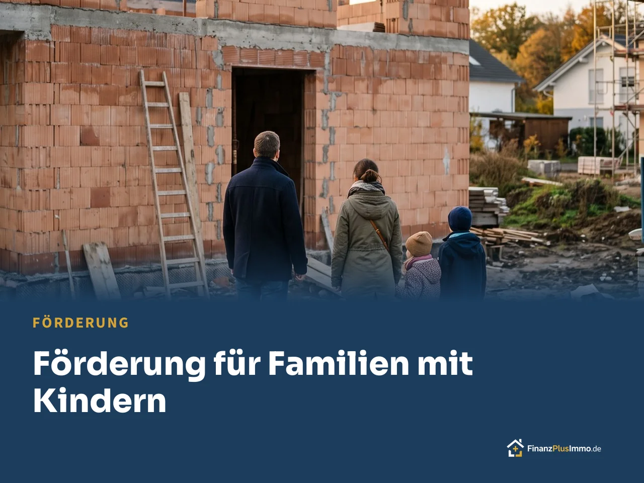Familie steht vor ihrem Rohbau, darunter die Überschrift „Förderung für Familien mit Kindern“
