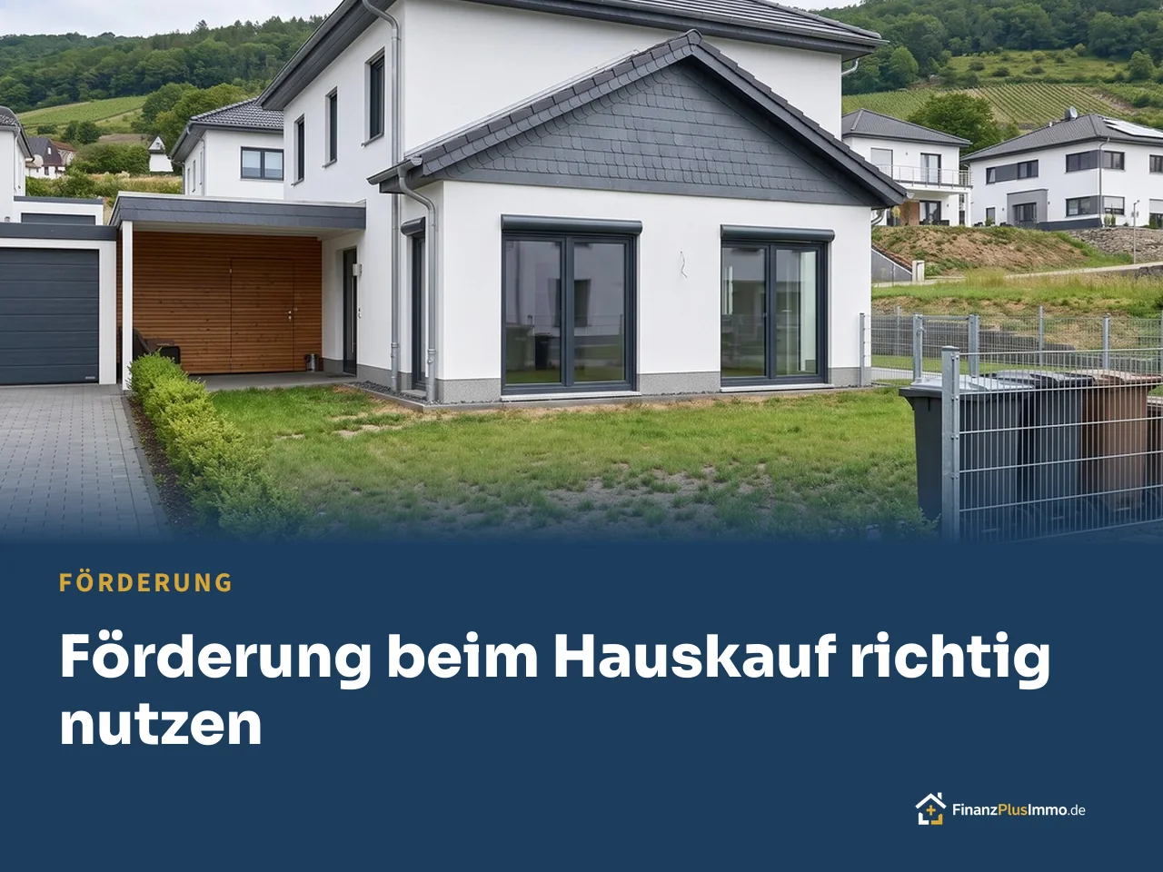 Neubau-Stadtvilla mit Schiefergiebel, Weinberge, darunter die Überschrift „Förderung beim Hauskauf richtig nutzen“