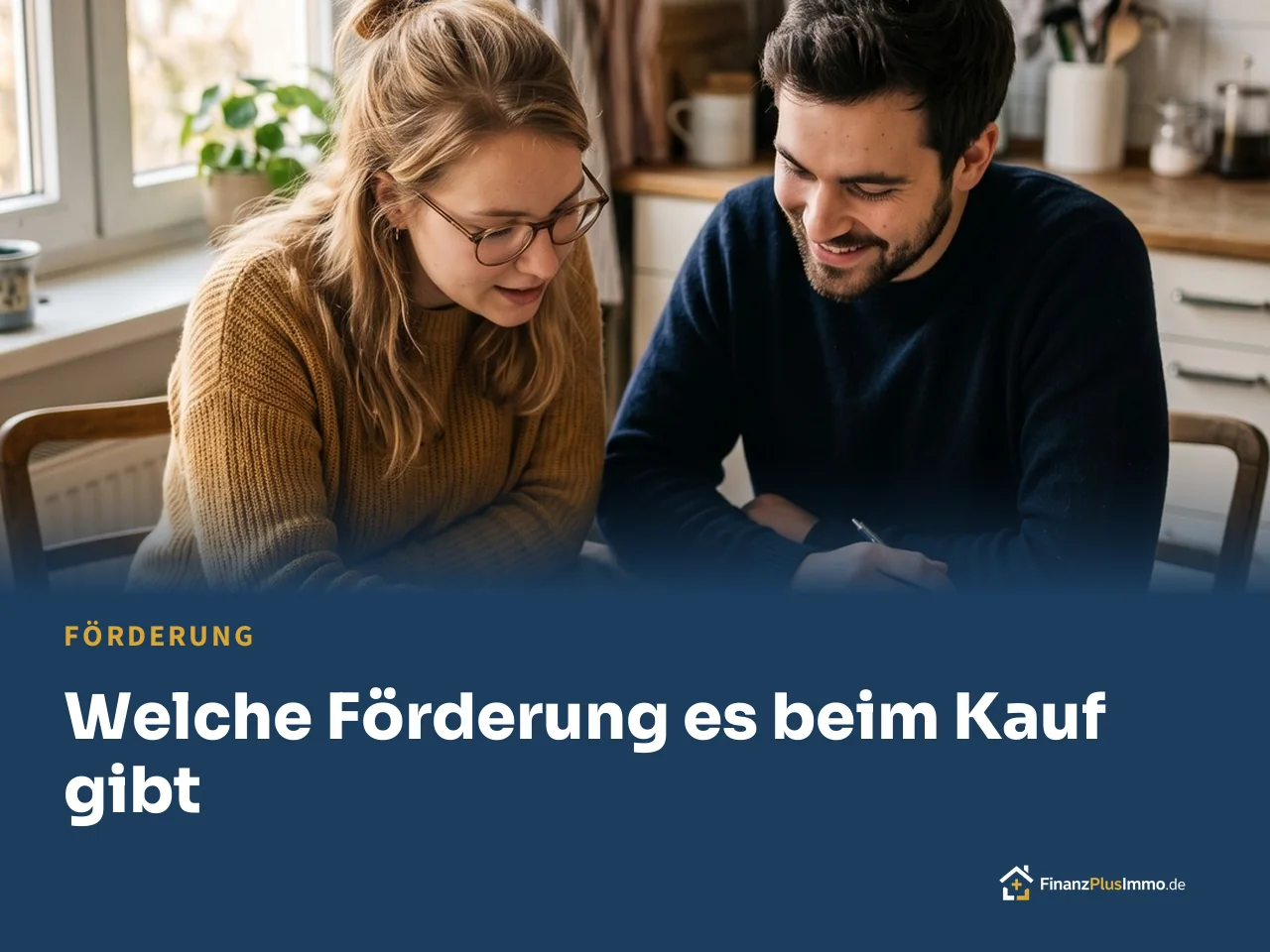 Junges Paar plant am Küchentisch mit Grundriss, darunter die Überschrift „Welche Förderung es beim Kauf gibt“