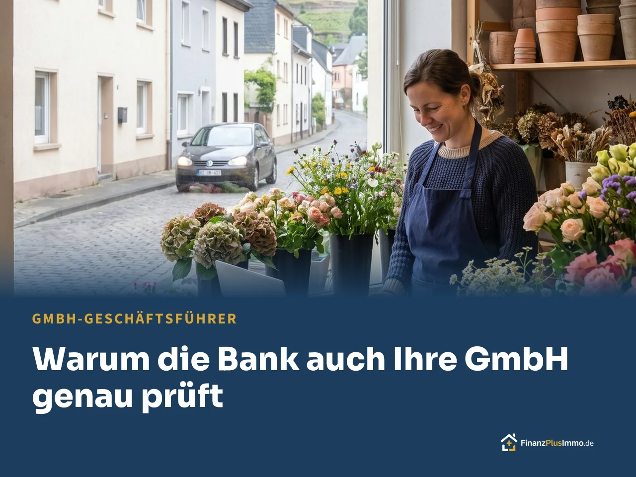 Inhaberin im Blumenladen mit Laptop und Auftragsbuch, darunter die Überschrift „Warum die Bank auch Ihre GmbH genau prüft“