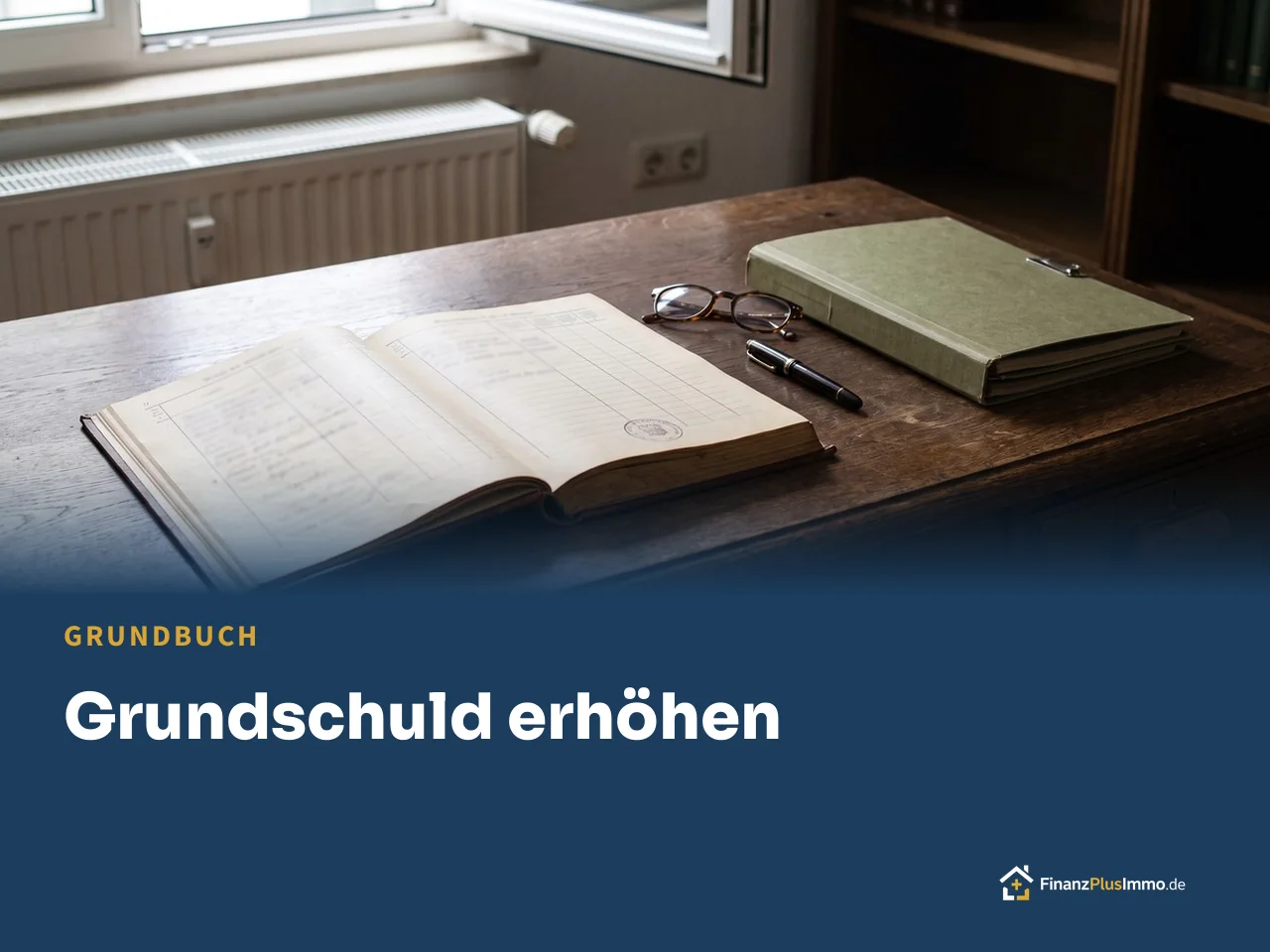 Amtliches Dokument mit Stempel, Füller und Brille auf Holztisch im Notarbüro, darunter die Überschrift „Grundschuld erhöhen“