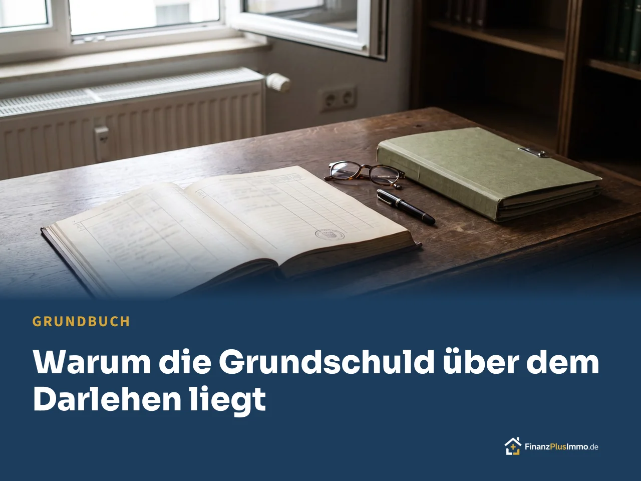 Amtliches Dokument mit Stempel, Füller und Brille auf Holztisch im Notarbüro, darunter die Überschrift „Warum die Grundschuld über dem Darlehen liegt“
