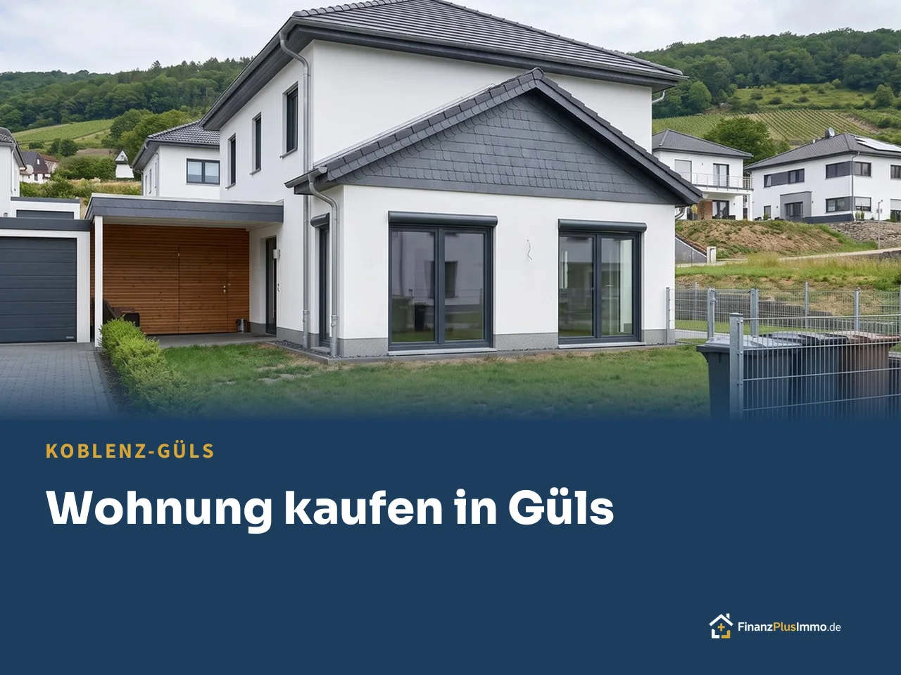 Neubau-Stadtvilla mit Schiefergiebel vor Weinbergen, darunter die Überschrift „Wohnung kaufen in Güls“