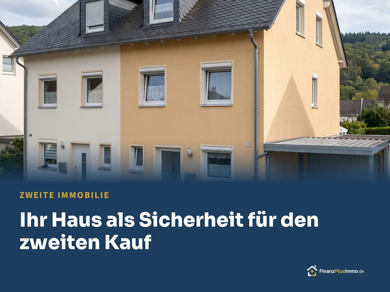 Doppelhaushälfte mit Schieferdach, Gauben und Carport, darunter die Überschrift „Ihr Haus als Sicherheit für den zweiten Kauf“