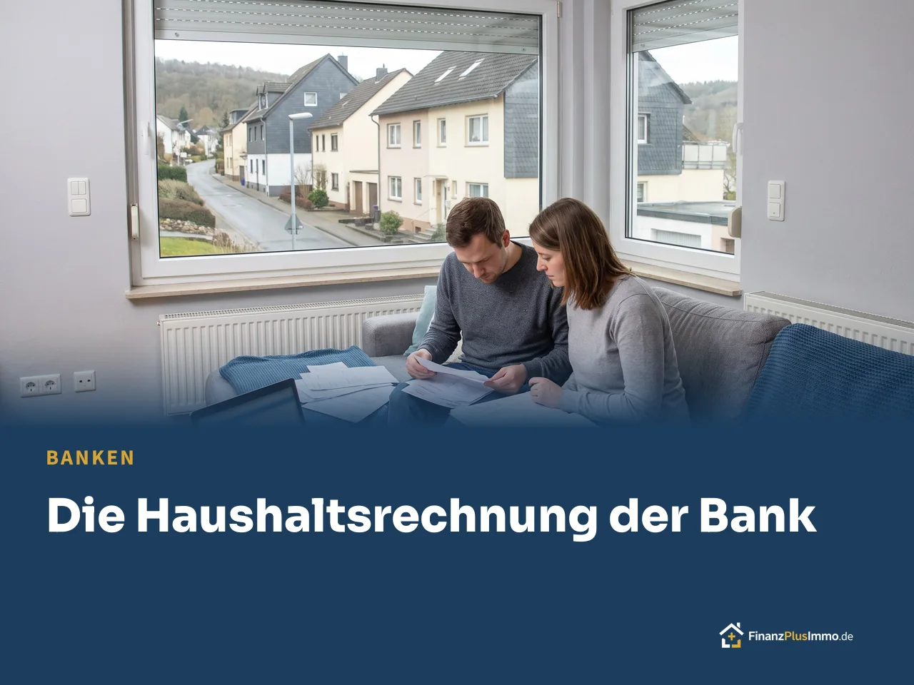 Junges Paar sortiert Sparunterlagen auf dem Sofa, darunter die Überschrift „Die Haushaltsrechnung der Bank“