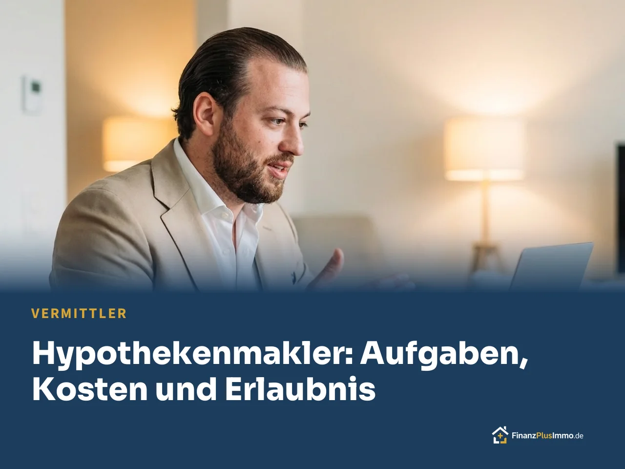 Enis im beigen Anzug, seitlich am Laptop, darunter die Überschrift „Hypothekenmakler: Aufgaben, Kosten und Erlaubnis“