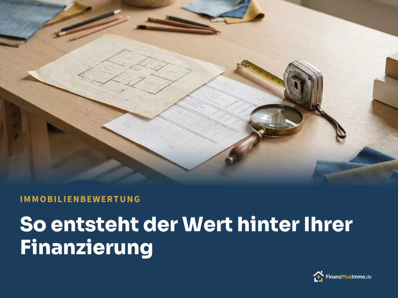 Grundriss, Lupe, Zollstock, darunter die Überschrift „So entsteht der Wert hinter Ihrer Finanzierung“