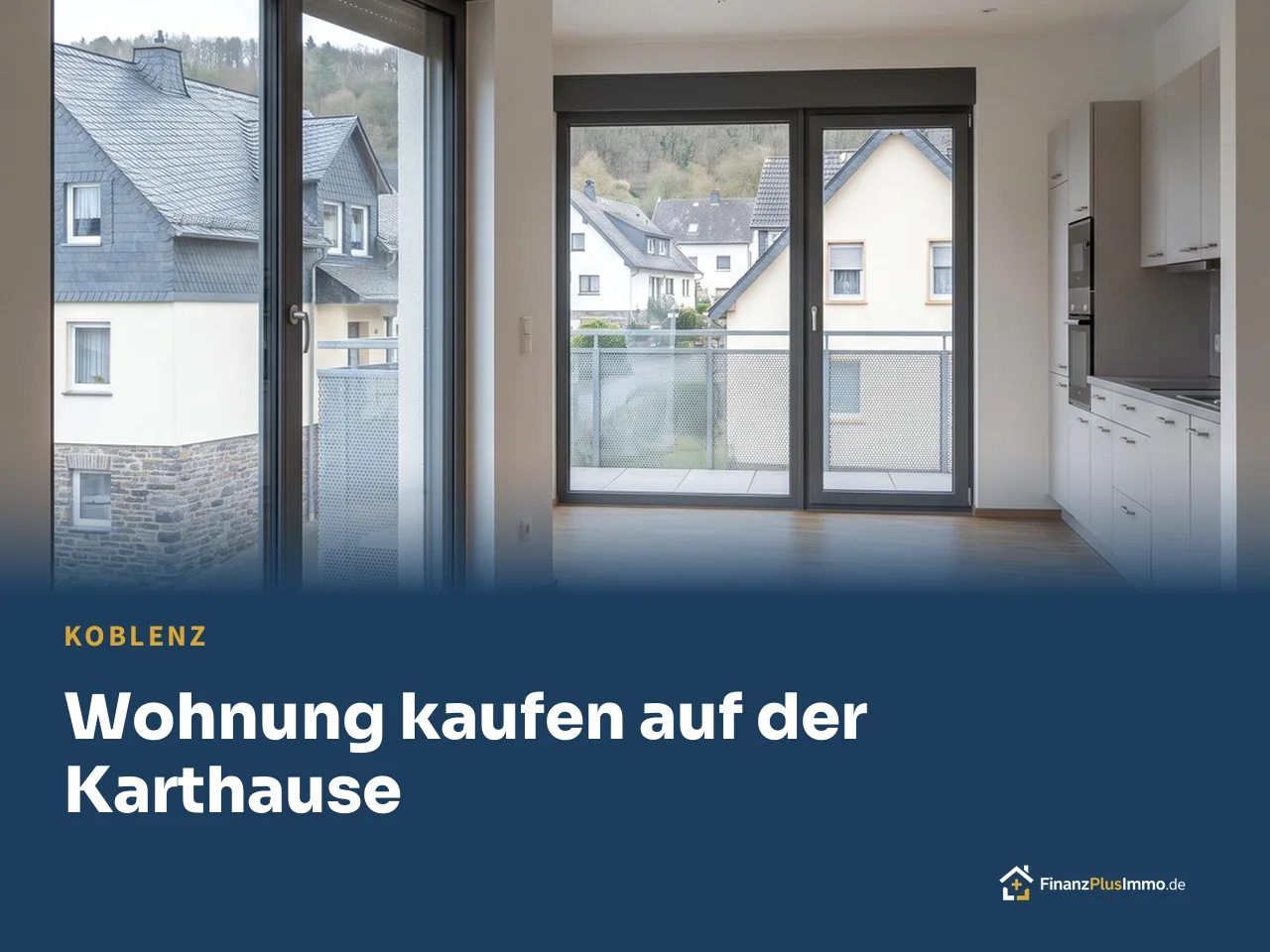 Leere Neubauwohnung mit Parkett, bodentiefen Fenstern, Küchenzeile, darunter die Überschrift „Wohnung kaufen auf der Karthause“