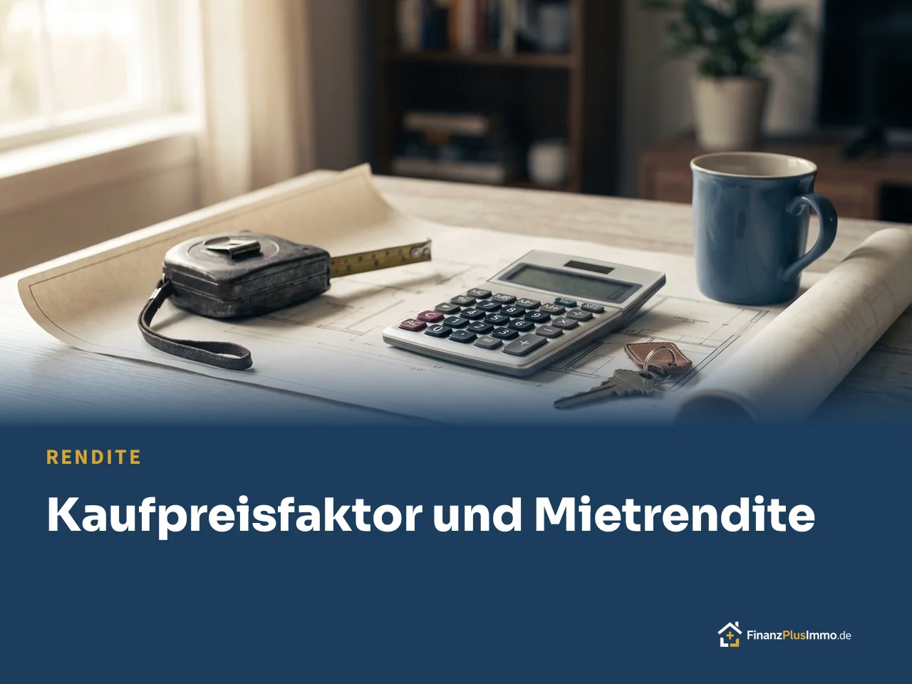 Taschenrechner auf Plan mit Schlüssel, darunter die Überschrift „Kaufpreisfaktor und Mietrendite“