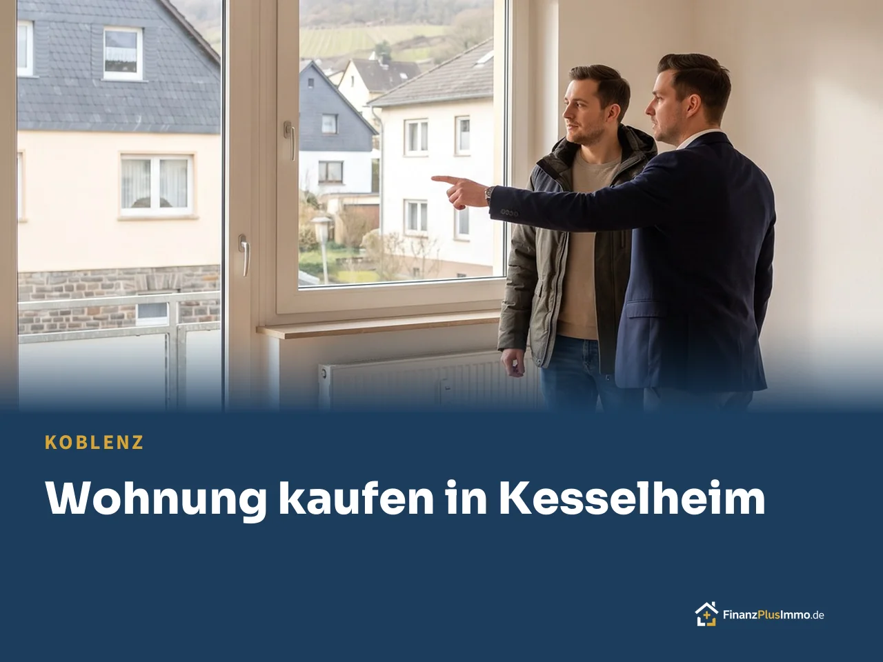 Makler zeigt Interessent eine leere Wohnung mit Balkon, darunter die Überschrift „Wohnung kaufen in Kesselheim“