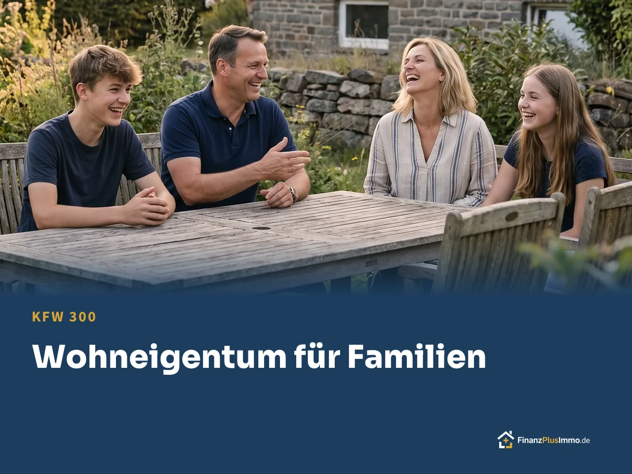 Familie mit zwei Teenagern am Gartentisch vor dem Haus, darunter die Überschrift „Wohneigentum für Familien“