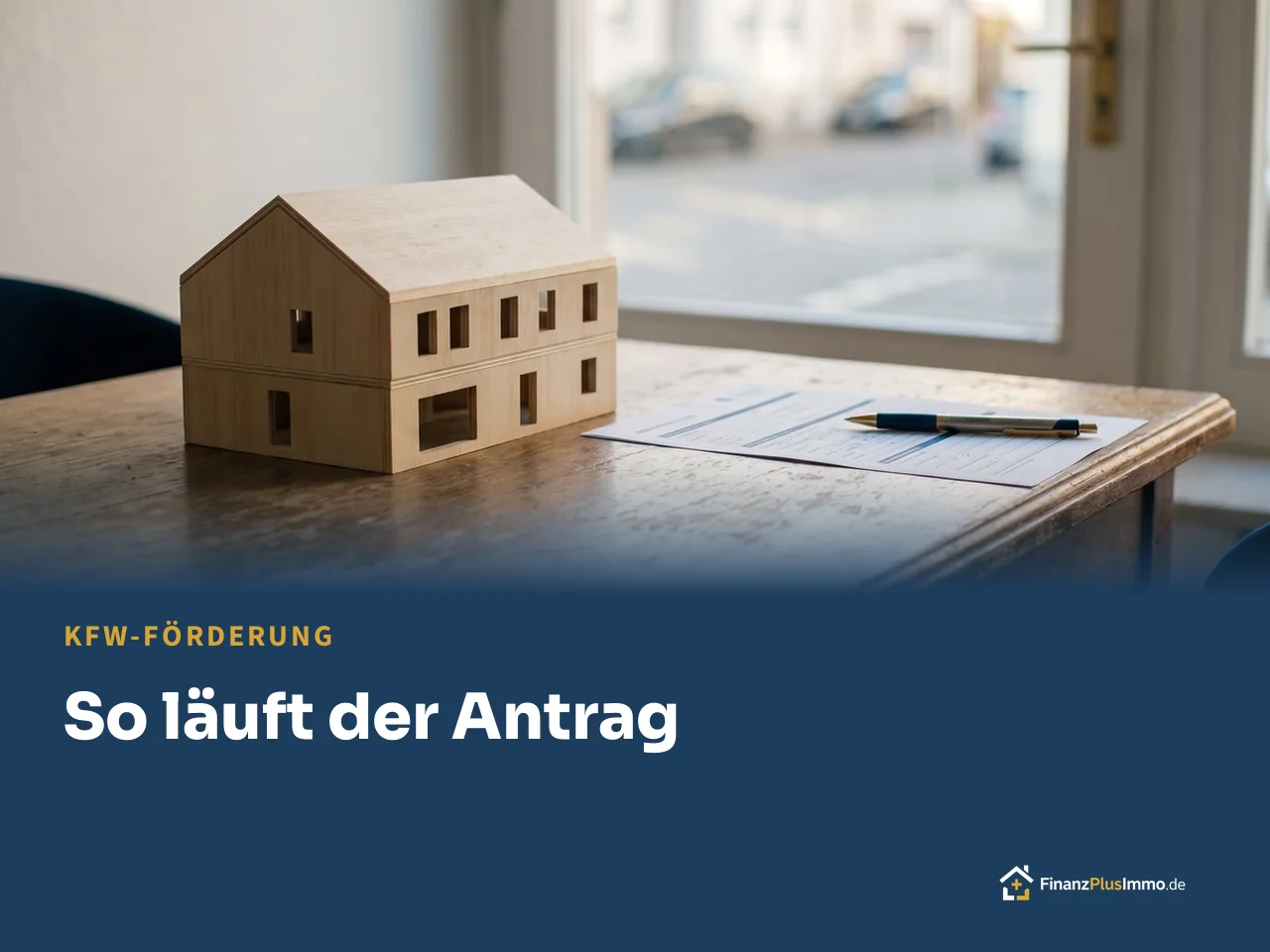 Holzhausmodell auf Schreibtisch, darunter die Überschrift „So läuft der Antrag“