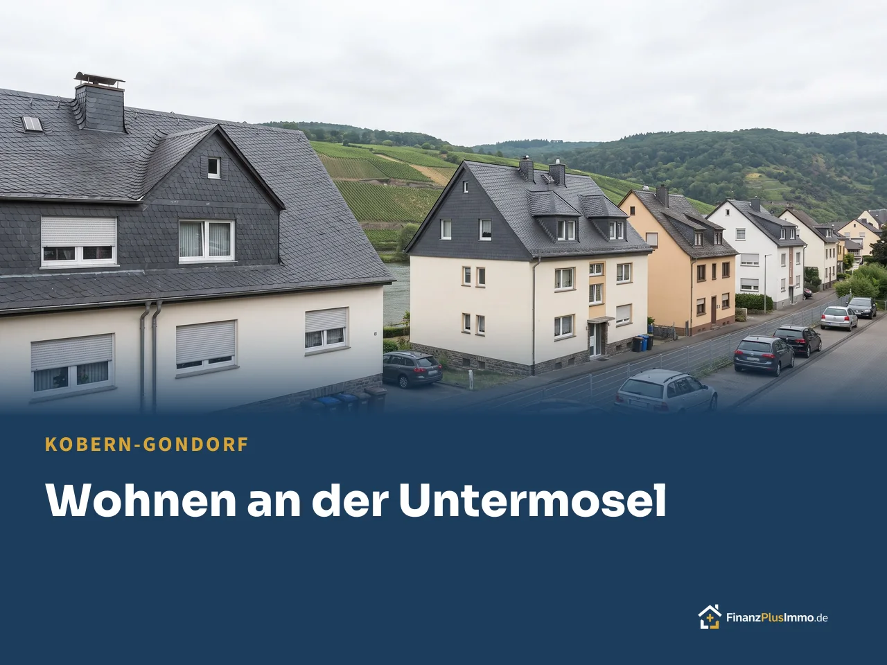 Moselufer mit Weinbergen und Wohnhäusern, darunter die Überschrift „Wohnen an der Untermosel“