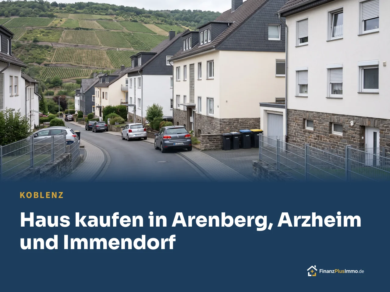 Wohngebiet am Hang mit Weinbergen gegenüber, darunter die Überschrift „Haus kaufen in Arenberg, Arzheim und Immendorf“