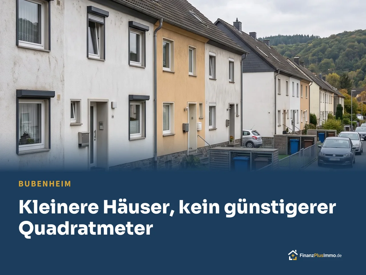 Reihenhauszeile mit Mülltonnenboxen und Doppelstabzaun, darunter die Überschrift „Kleinere Häuser, kein günstigerer Quadratmeter“