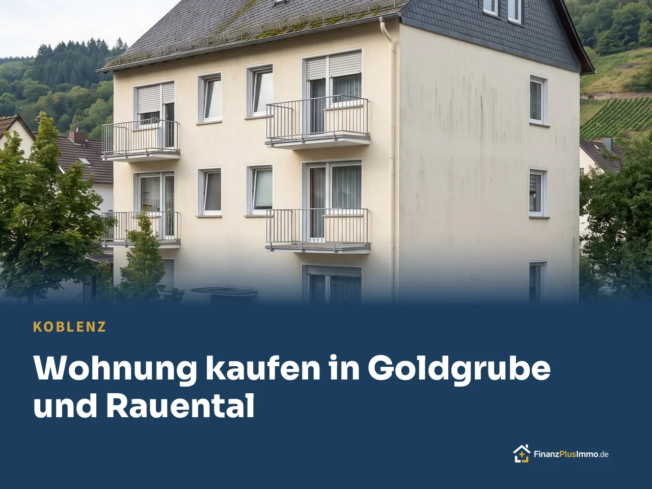 Mehrfamilienhaus mit Balkonen, Klingelanlage, Fahrrädern, darunter die Überschrift „Wohnung kaufen in Goldgrube und Rauental“
