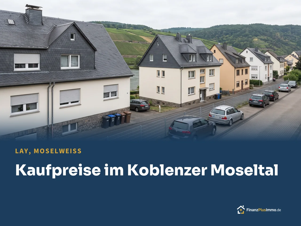 Moselufer mit Weinbergen und Wohnhäusern, darunter die Überschrift „Kaufpreise im Koblenzer Moseltal“