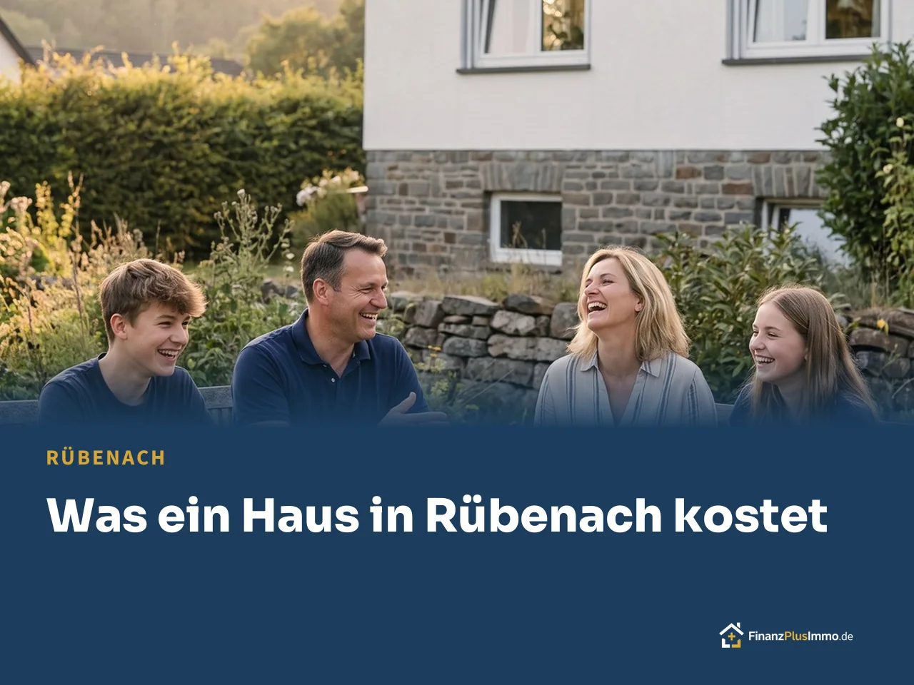 Familie mit zwei Teenagern am Gartentisch vor dem Haus, darunter die Überschrift „Was ein Haus in Rübenach kostet“