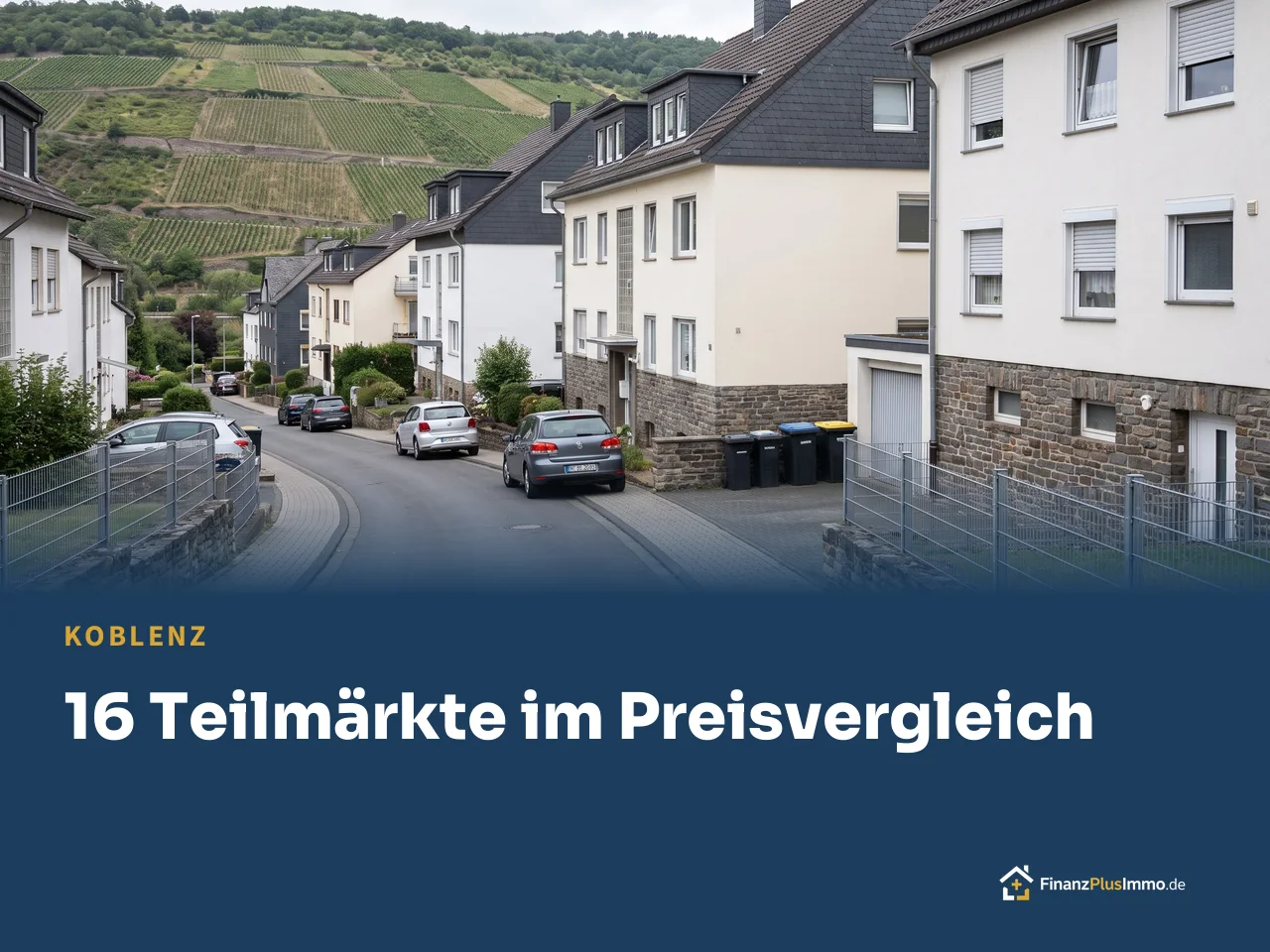 Wohngebiet am Hang mit Weinbergen gegenüber, darunter die Überschrift „16 Teilmärkte im Preisvergleich“