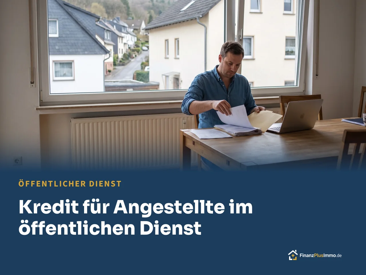 Mann sortiert Kontoauszüge am Esstisch, darunter die Überschrift „Kredit für Angestellte im öffentlichen Dienst“