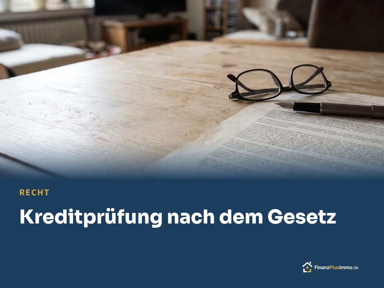 Vertrag und Brille auf Holztisch, darunter die Überschrift „Kreditprüfung nach dem Gesetz“