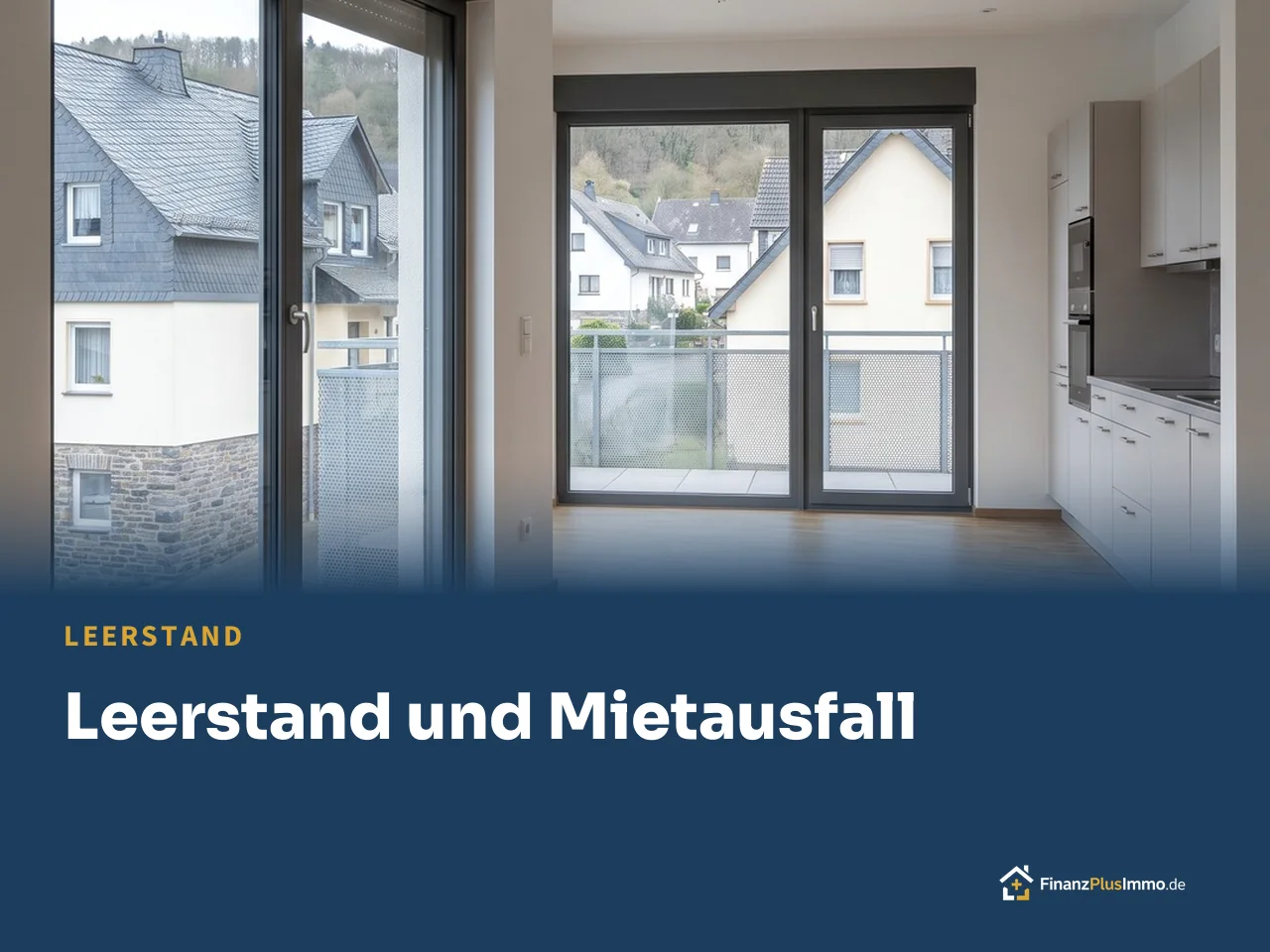 Leere Neubauwohnung mit Parkett, bodentiefen Fenstern, Küchenzeile, darunter die Überschrift „Leerstand und Mietausfall“